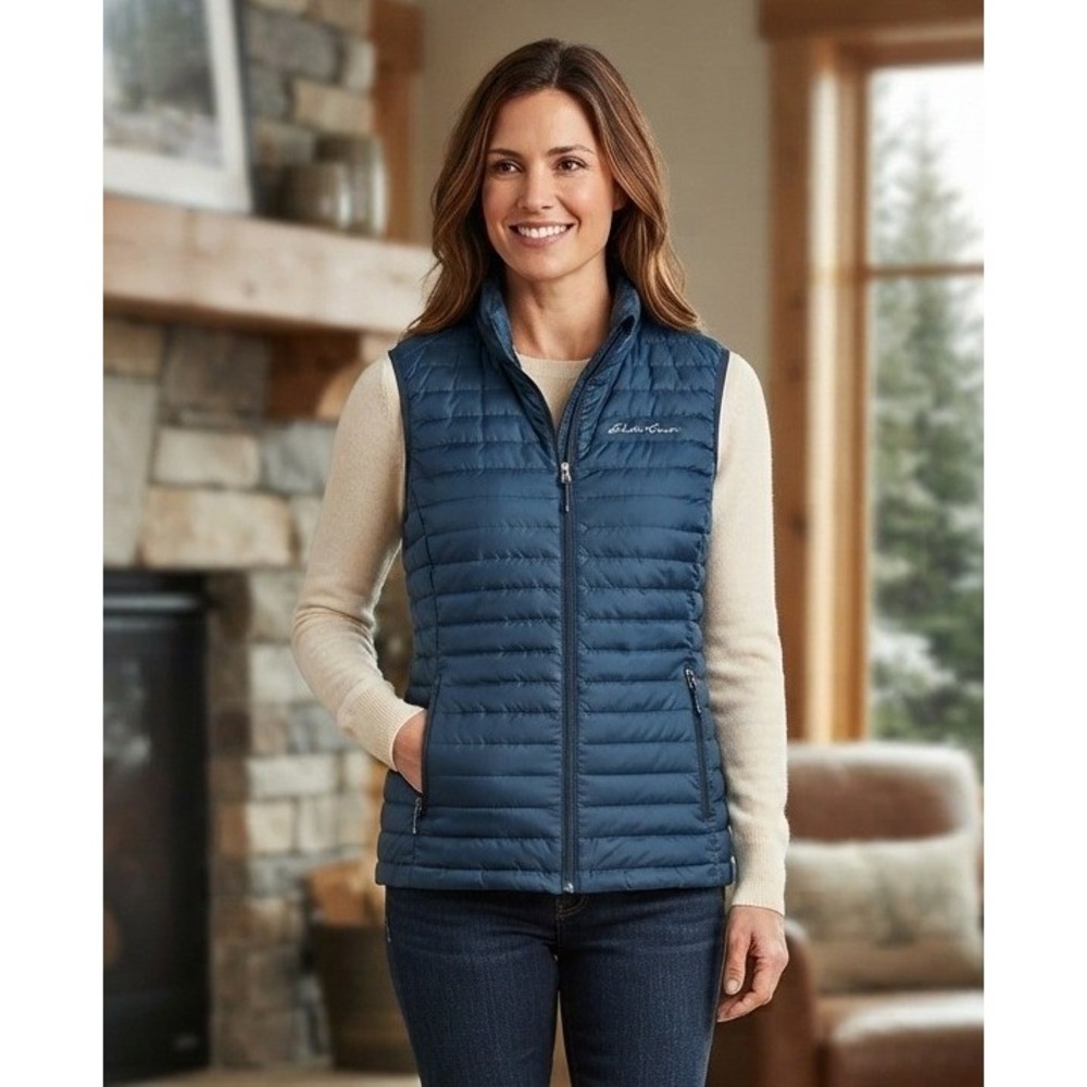 Eddie Bauer Quilted Full Zip Puffer Vest 650 Down Women's Small Blue Fall Hiking